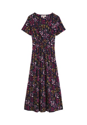 Marineblaues Wickelkleid mit kurzen Ärmeln, das ein farbenfrohes Blumenmuster in Pink, Senfgelb und Weiß sowie eine geraffte Taille aufweist.