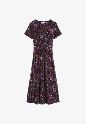 Marineblaues Wickelkleid mit kurzen Ärmeln, das ein farbenfrohes Blumenmuster in Pink, Senfgelb und Weiß sowie eine geraffte Taille aufweist.