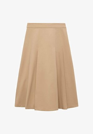 Bežová A-line sukňa s hladkým textúrom, so záhybmi, ktoré pridávajú objem, a pásom na nastavenie veľkosti. Pravidelný lem na spodnej časti.