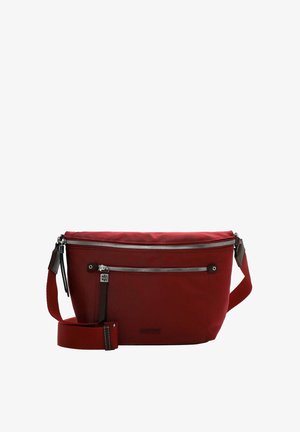 Red fabric crossbody bag with dual zippers, adjustable strap, and a logo detail. Features a smooth texture and structured shape.