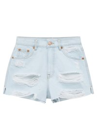 Svetle modré džíny šortky s třepenými okraji a velkými roztrženinami. Disponují mosazně tónovanými kovovými prvky a pěti kapsami. Klasický střih s vysokým pasem.