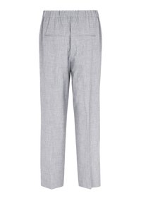 Ljusgrå byxor med rak passform, elastisk midja och två bakfickor. Tyget har en något strukturerad yta.