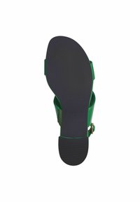 Zeleni sandal z gladkim zgornjim delom, nastavljivim trakom z zlatim dodatkom in teksturirano črno gumijasto podplatom. Raven dizajn in odprti nos.
