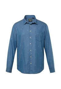 Ljusblå denimskjorta med långa ärmar, som har krage med knappar, framficka och subtila mönstrade detaljer. Mjuk textur, klassisk passform.
