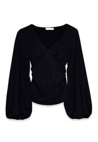 Črn dolg rokav vrh iz teksturirane tkanine, z v-izrezom in nagubanimi detajli v pasu, s prostornimi balonastemi rokavi.