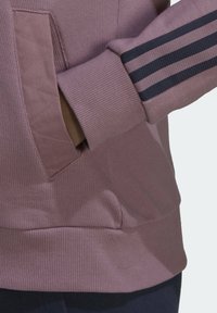 Lichtroze sweatshirt met geribbelde manchetten en een gestructureerd lichaam. Heeft een diagonale zak en drie donkere strepen op de manchet.