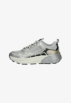 Lightweight athletic shoe in silver and black. Features a mesh upper, cushioned sole, and textured accents. Reflective detailing included.