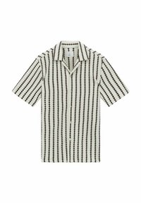Korte mouwen shirt met een knoopsluiting aan de voorkant, met een roomkleurige achtergrond en een zwart zigzagpatroon. Textuurstof met een kraag.