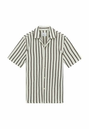 Kortærmet skjorte med knaplukning fortil, i en cremefarvet baggrund med et sort zigzag mønster over hele. Struktureret stof med krave.