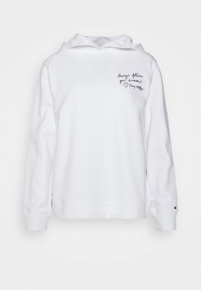 Hoodie en coton blanc avec une poche kangourou à l'avant, des manches longues et un message brodé sur la poitrine gauche en lettres cursives noires.