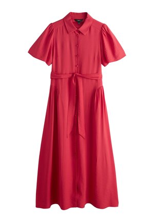 Rochie midi roșie cu mâneci scurte bufante, închidere cu nasturi în față, guler ascuțit și curea din material la talie.