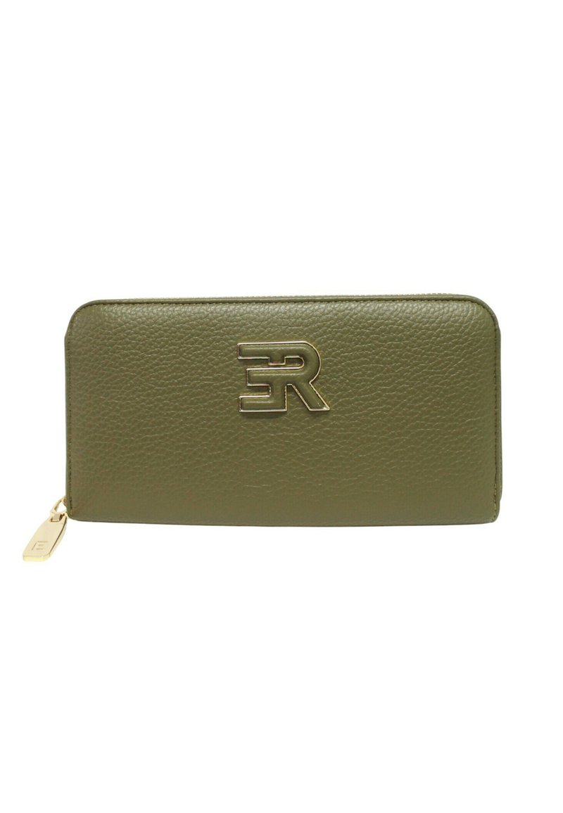 Portafoglio con cerniera in pelle verde oliva con trama, logo in metallo dorato al centro e cursore della cerniera coordinato in oro.