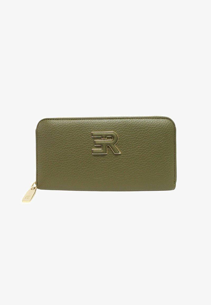 Portafoglio con cerniera in pelle verde oliva con trama, logo in metallo dorato al centro e cursore della cerniera coordinato in oro.