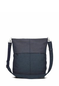 Borsa a tracolla in tessuto blu scuro e pelle con tracolla regolabile e fibbie in metallo argentato, mostrata su sfondo bianco.