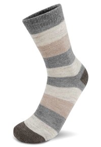 Gestreifte Socke in einer Mischung aus Grau, Beige und Cremefarben. Rippenbund, strukturstrick und verstärkter dunkelbrauner Zehenbereich.