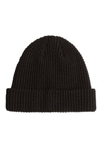 Beanie lavorato a maglia in marrone scuro, con una texture a coste e un bordo arrotolato. Design semplice e aderente, adatto a varie misure di testa.