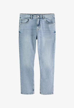 Světle modré úzké džíny s předními a klíčovými kapsami, poutky na opasek a zapínáním na knoflík.