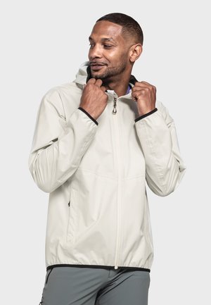 Leichte, weißlich-beige Zip-Jacke mit Kapuze, die über eine glatte Textur und einen anpassbaren Halsausschnitt verfügt, akzentuiert durch schwarze Besätze und einen Reißverschluss.