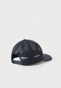 Navy baseball cap with a solid front and mesh back, featuring a curved visor and adjustable snap closure. Textured fabric and breathable design.
