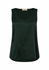 Dark green sleeveless blouse made of smooth satin. Features a V-neckline, relaxed fit, and slight curved hem for a contemporary look.