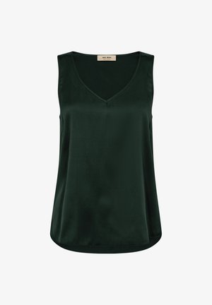 Blusa senza maniche di un verde scuro, realizzata in satin liscio. Presenta un collo a V, una vestibilità rilassata e un orlo leggermente curvo per un aspetto contemporaneo.
