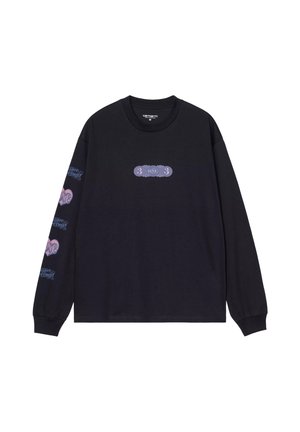 Czarny longsleeve t-shirt wykonany z bawełny. Posiada graficzne nadruki w kolorze fioletowym z przodu i na obu rękawach. Design z okrągłym dekoltem, luźny krój.