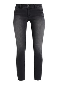 Jeans skinny negros de mezclilla con un acabado desgastado. Presenta un cierre de botón, cinco bolsillos y trabillas para cinturón. Piernas estrechas y entalladas.