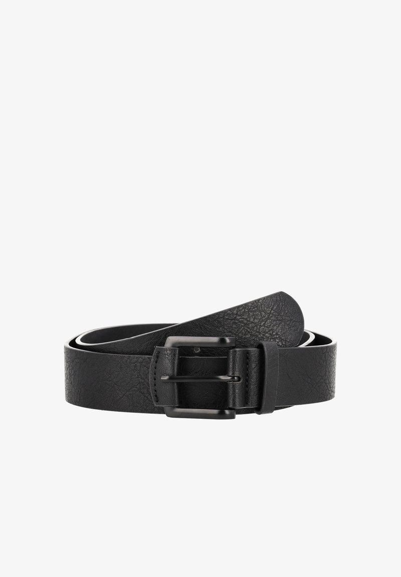 Zwarte leren riem met een gestructureerde afwerking, vlakke bandontwerp en een rechthoekige zwarte metalen gesp. Kenmerkt zich door gladde randen en een stijlvolle uitstraling.