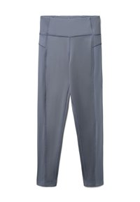 Leggings bleu-gris taille haute avec poches latérales et couture visible, conçues pour le sport ou une utilisation décontractée.