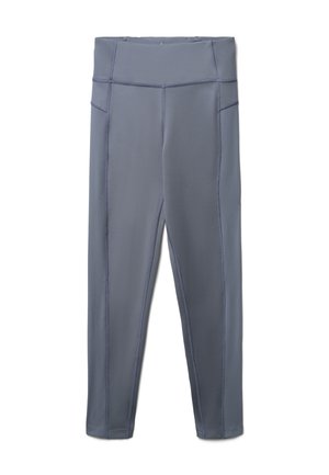 Leggings blu-grigi con vita alta, dotati di tasche laterali e cuciture visibili, progettati per attività sportive o uso casual.