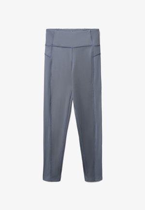 Leggings blu-grigi con vita alta, dotati di tasche laterali e cuciture visibili, progettati per attività sportive o uso casual.
