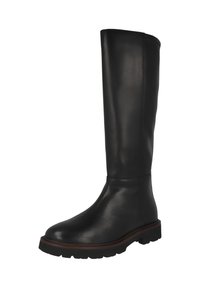 Stivali neri in pelle al ginocchio con punta arrotondata, superficie liscia e suola in gomma. Presentano un design minimalista e dettagli cuciti.