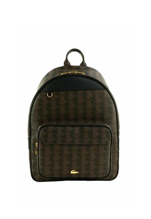 Brown and black patterned backpack with front zip pocket, gold accents, top handle, and geometric design on a white background.