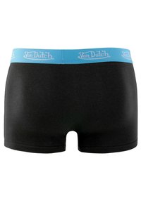 Boxer shorts noirs avec une taille élastique bleue arborant le logo "Von Dutch" en bleu clair. Texture lisse et design ajusté.