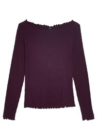 Długie rękawy, bluzka niezapinaną, z dekoltem off-the-shoulder w ciemnofioletowym prążkowanym materiale. Posiada falbaniasty dekold i dół oraz dopasowany krój.