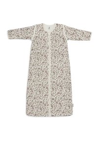 Bloement slaapzak met lange mouwen, crème achtergrond en paarse, groene en bruine bloemmotieven; voorzien van een centrale rits en katoenen stof.