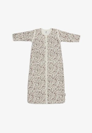 Bloement slaapzak met lange mouwen, crème achtergrond en paarse, groene en bruine bloemmotieven; voorzien van een centrale rits en katoenen stof.