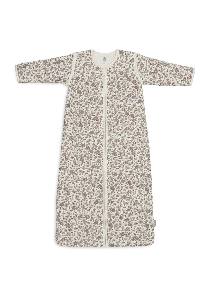 Bloement slaapzak met lange mouwen, crème achtergrond en paarse, groene en bruine bloemmotieven; voorzien van een centrale rits en katoenen stof.