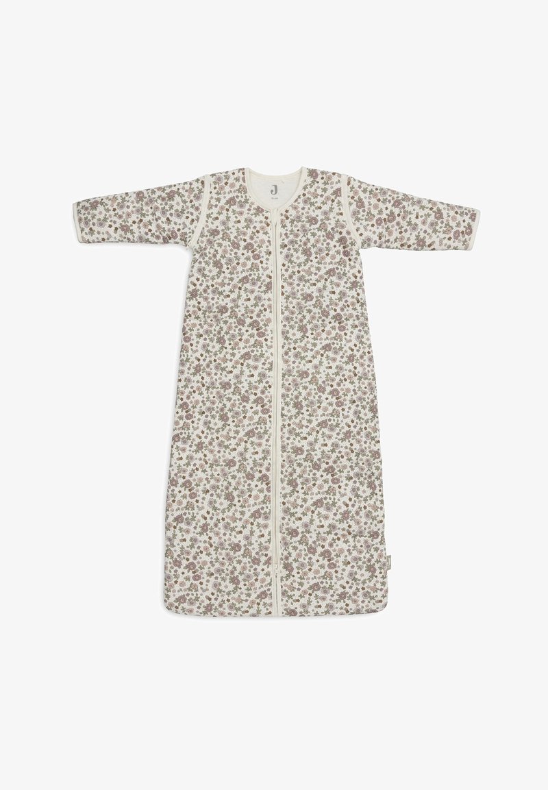 Bloement slaapzak met lange mouwen, crème achtergrond en paarse, groene en bruine bloemmotieven; voorzien van een centrale rits en katoenen stof.