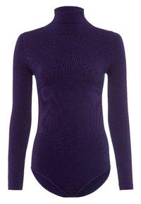 Long-sleeve turtleneck bodysuit in deep purple, made from soft textured fabric with a fitted design and snap closure at the bottom.