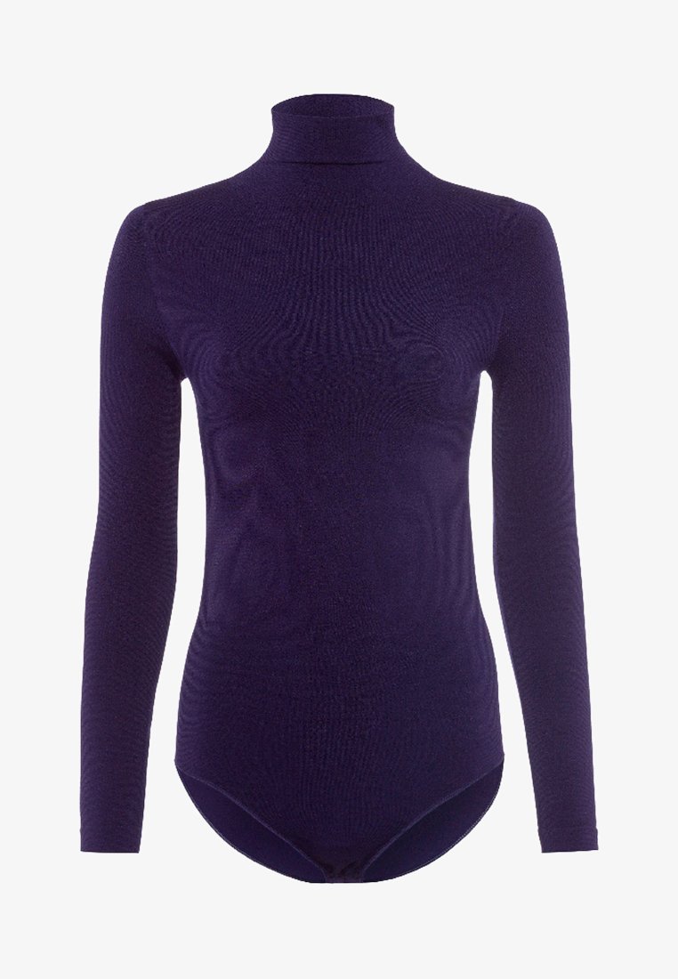Langermet turtleneck bodysuit i dyp lilla, laget av myk teksturert stoff med en tettsittende design og trykknapplukking i bunnen.