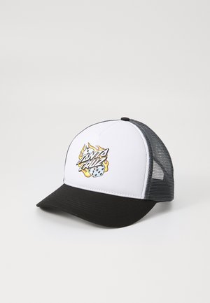 Biela a čierna trucker čiapka s sieťovanou zadnou časťou, na prednej strane s grafickým logom so zplodinami a kockami. Zakrivený šilt, nastaviteľný popruh.
