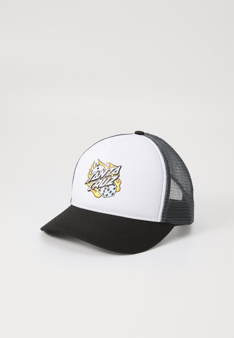 White and black trucker cap with mesh back, featuring a graphic logo with flames and dice on the front. Curved visor, adjustable strap.