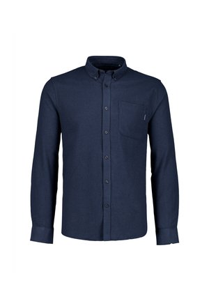 Marineblaues Langarmhemd mit Knopfleiste, Button-Down-Kragen und einer Brusttasche auf der linken Seite.