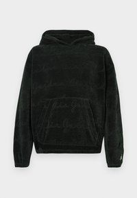 Μαύρο βελούδινο φούτερ με κουκούλα και μπροστινή τσέπη, με λεπτό μοτίβο σε τόνους του ίδιου χρώματος και μικρό λογότυπο στο αριστερό μανίκι. Μαλακή υφή.