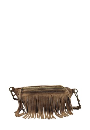 Sac bandoulière en suède marron avec des détails en franges, fermeture zippée supérieure et bandoulière réglable. Présente une texture lisse et une forme simple et structurée.