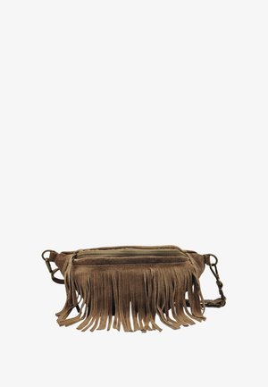 Sac bandoulière en suède marron avec des détails en franges, fermeture zippée supérieure et bandoulière réglable. Présente une texture lisse et une forme simple et structurée.