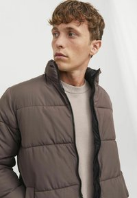 Giacca puffer marrone con colletto alto, dettagli della zip nera e design trapuntato, indossata sopra un maglione grigio chiaro. Texture liscia.