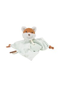 Stuffed fox toy with a brown and white plush head, green striped blanket, and a mint green textured star-shaped teether attached.
