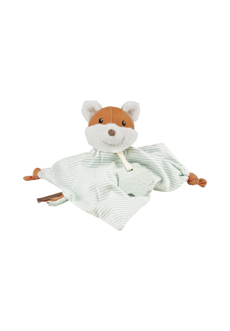 Stuffed fox toy with a brown and white plush head, green striped blanket, and a mint green textured star-shaped teether attached.